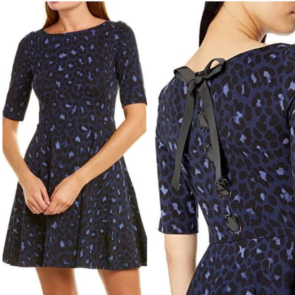 Kate Spade Kate Spade Blue & Black Leopard Ponte Lace Up Back Fit Flare Dress M